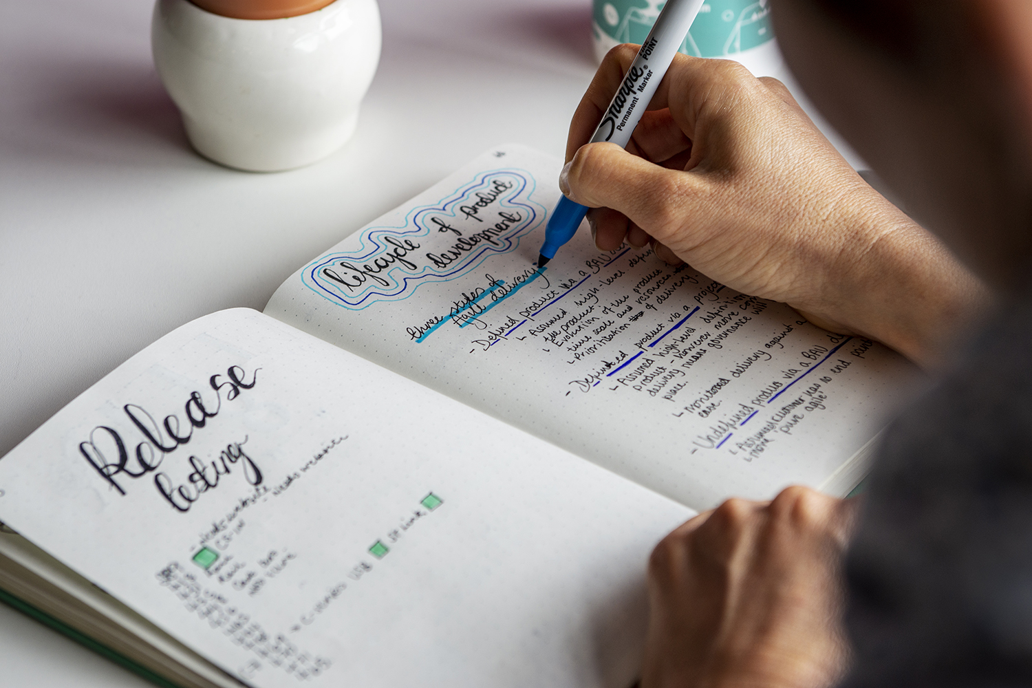 Someone writes into a bullet journal, making notes on product lifecyle.